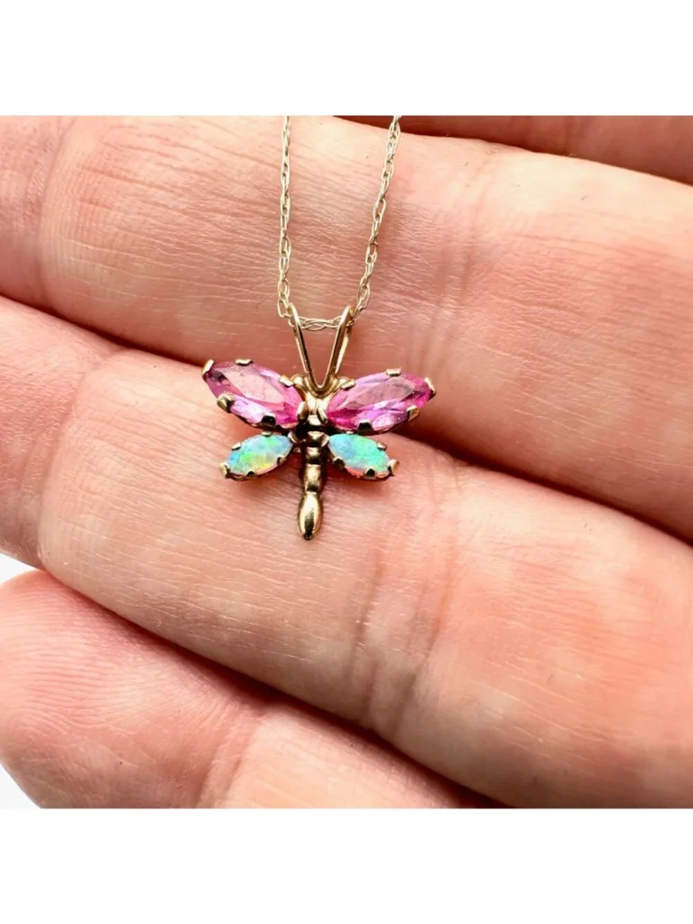Womens Necklace 10K Yellow Pink Sapphire Opal Butterfly Pendant